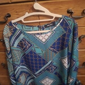 Nine West Blue, Teal, And Gold Geometric Print Blouse